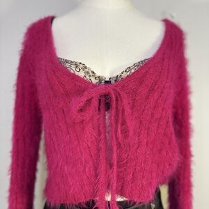 Y2K Hot Pink Cardigan Sweater Front-Tie Softgirl Barbiecore Girlcore Fairy 90s M